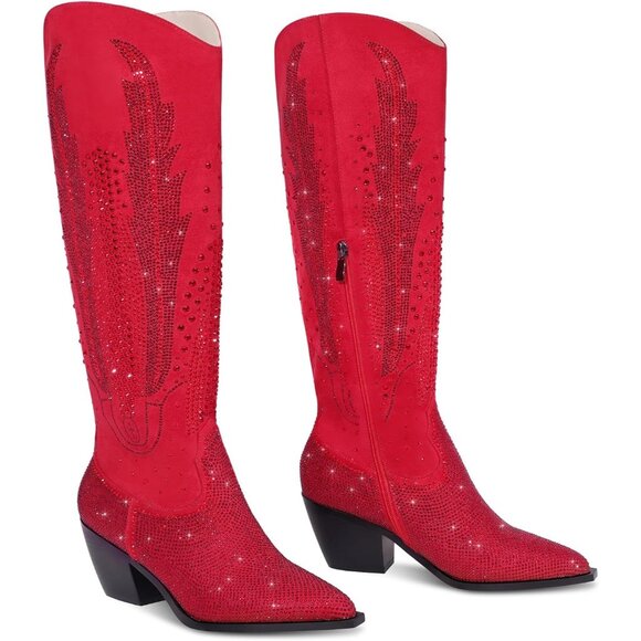 Women Polyurethane Red Knee High Pointed Toe Chunky Heel Rhinestone Tall Boot - Picture 5 of 7